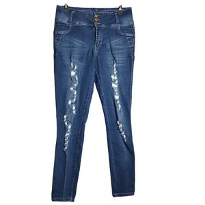 JVINI Womens Blue Denim Skinny Distressed Tapered Stretch Jeans